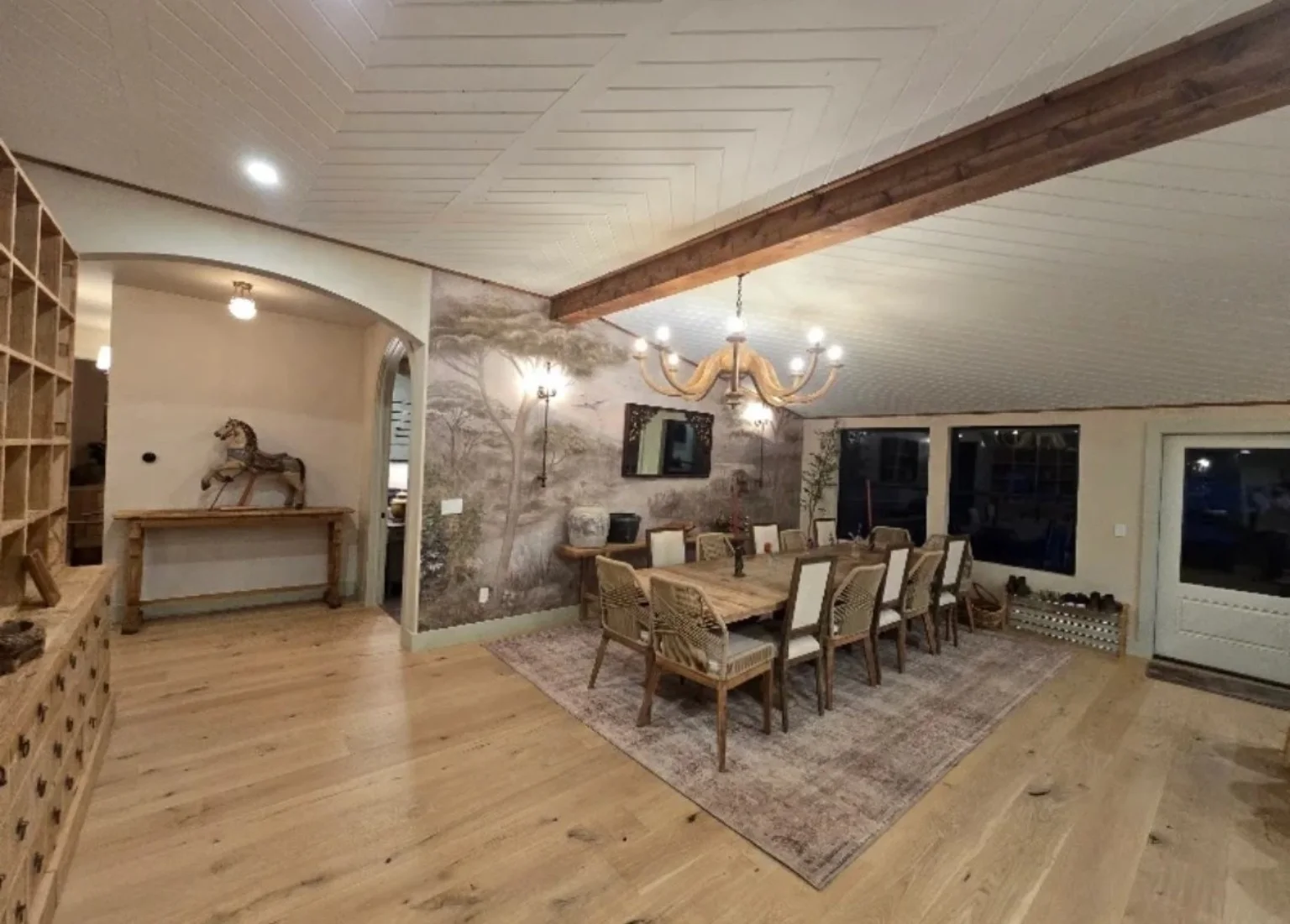 Warm interior with freshly finished walls, trim, and wood ceiling